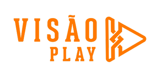 Logotipo laranja da Visão Play sobre fundo preto.