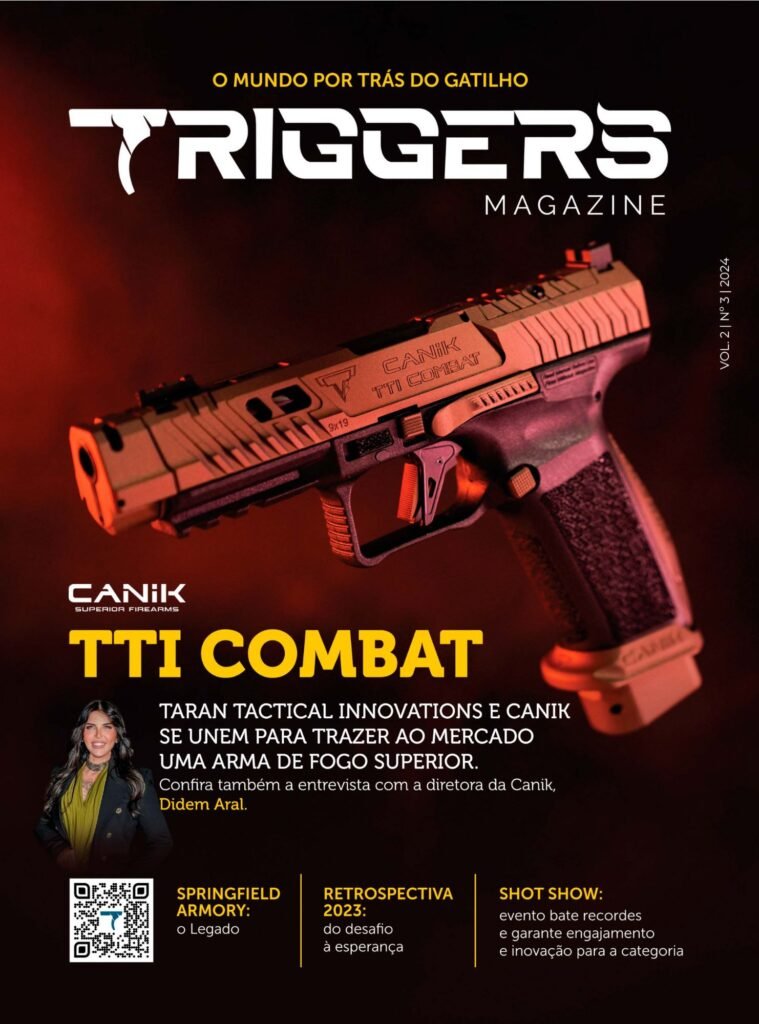 Capa da Triggers Magazine destaca a pistola Canik TTI Combat.