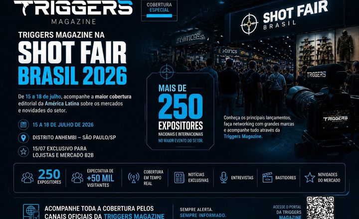 Infográfico apresenta a cobertura da Triggers Magazine na Shot Fair Brasil 2026.