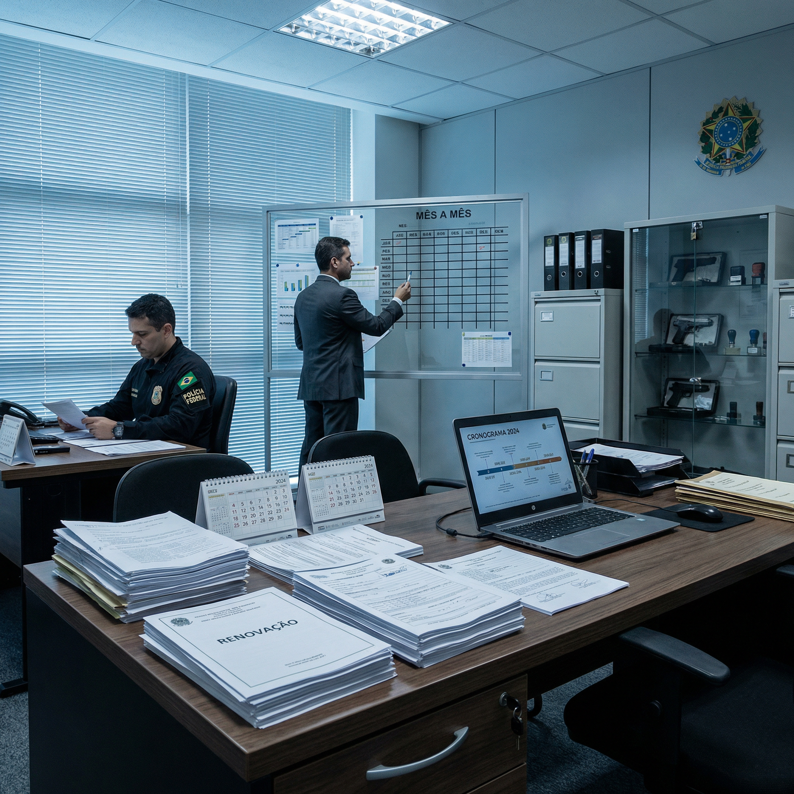 Ilustração mostra equipe trabalhando em escritório de fiscalização com pilhas de processos.