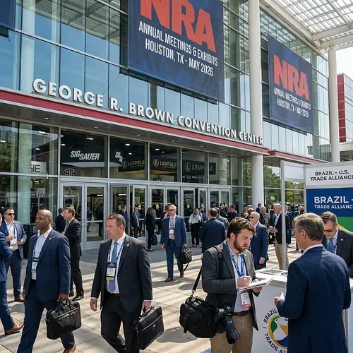 Entrada do centro de convenções de Houston durante o NRA Annual Meetings 2026.