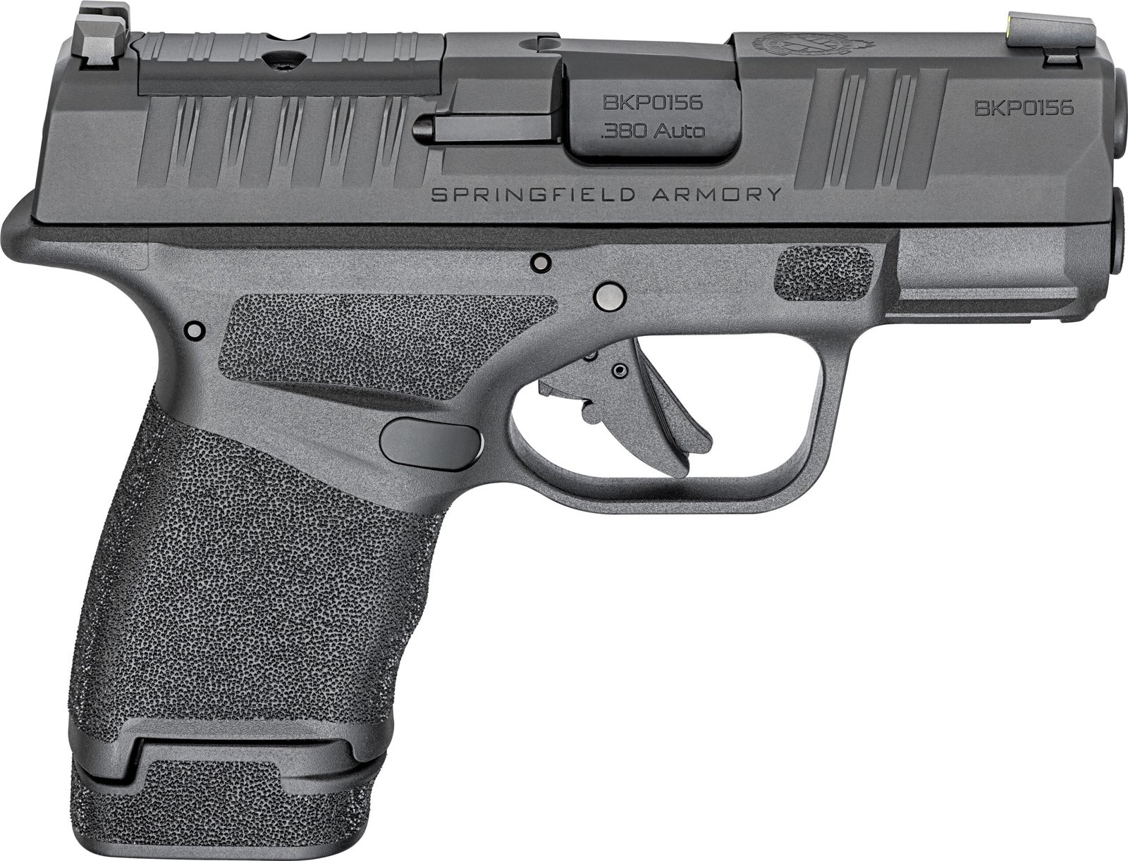 Pistola Springfield Armory Hellcat .380 ACP vista de perfil sobre fundo branco.