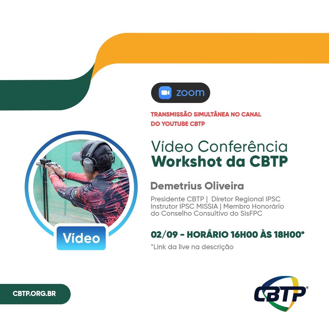 Cartaz de videoconferência da CBTP com Demetrius Oliveira.