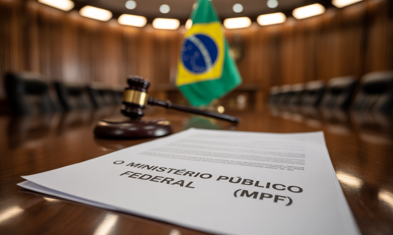 Documentos do Ministério Público Federal, martelo judicial e bandeira do Brasil.