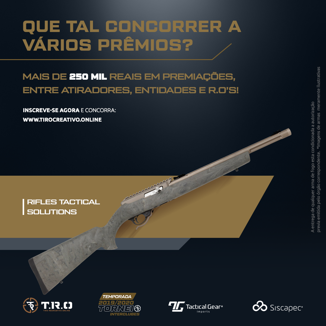 Anúncio de premiação do Tiro Recreativo Online com rifle de competição.