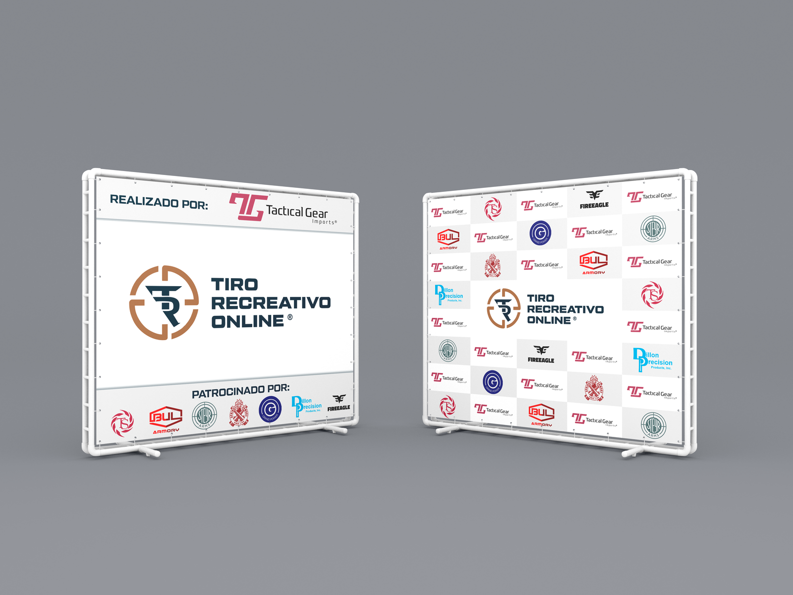 Painéis de divulgação do Tiro Recreativo Online e marcas parceiras.