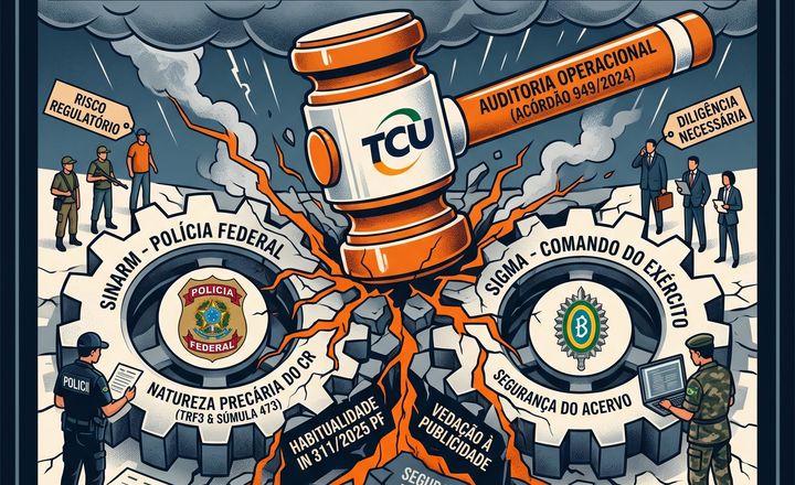 Arte editorial da Triggers Magazine com martelo do TCU e órgãos de fiscalização de armas.