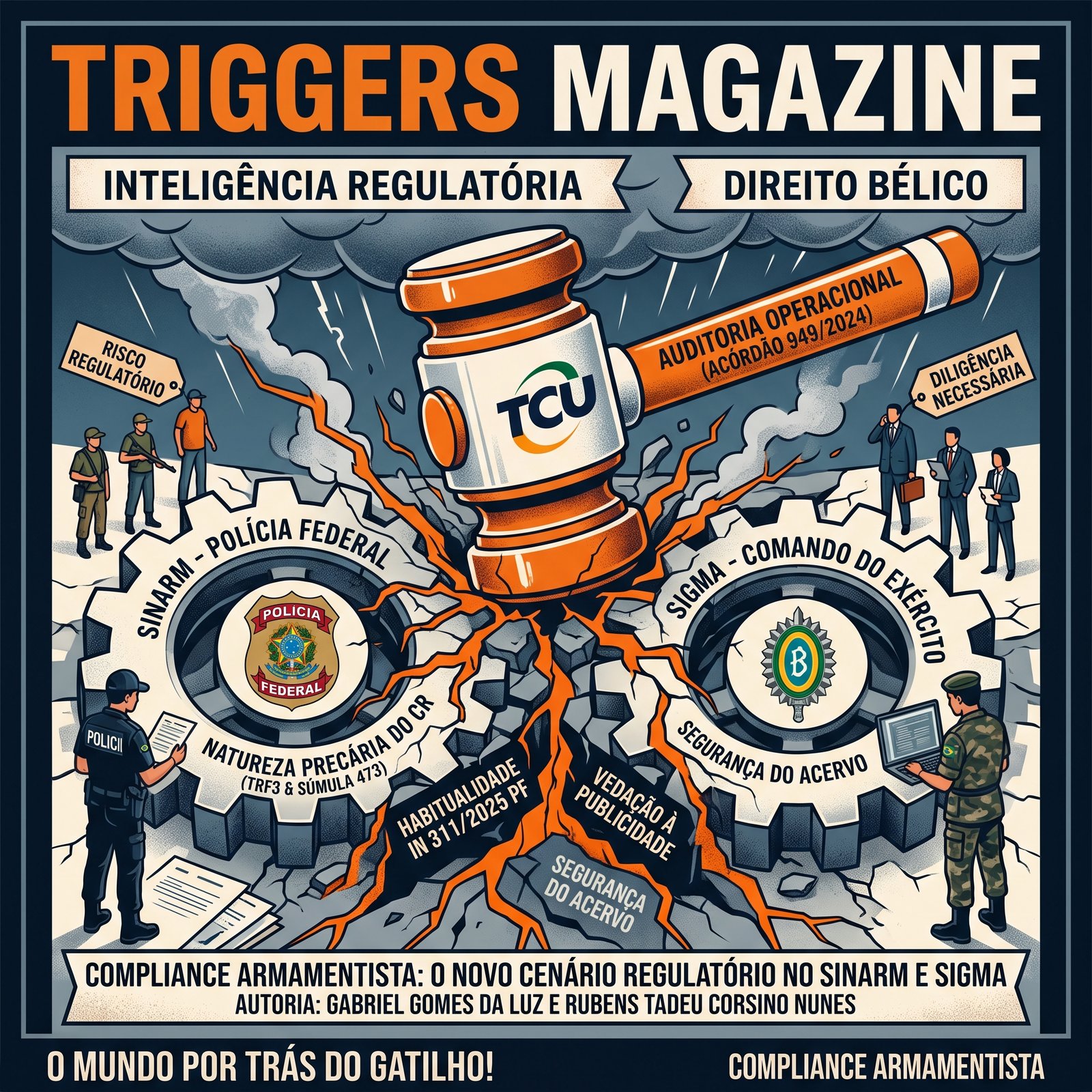 Arte editorial da Triggers Magazine com martelo do TCU e órgãos de fiscalização de armas.