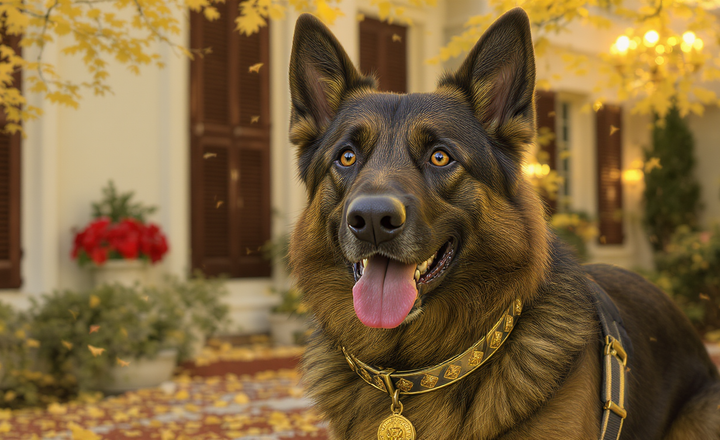 Cão pastor-alemão com medalha diante de uma residência.