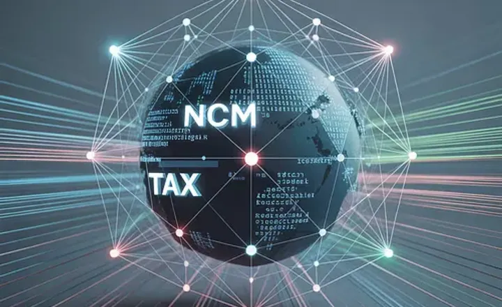 Globo digital com conexões e os termos NCM e Tax.