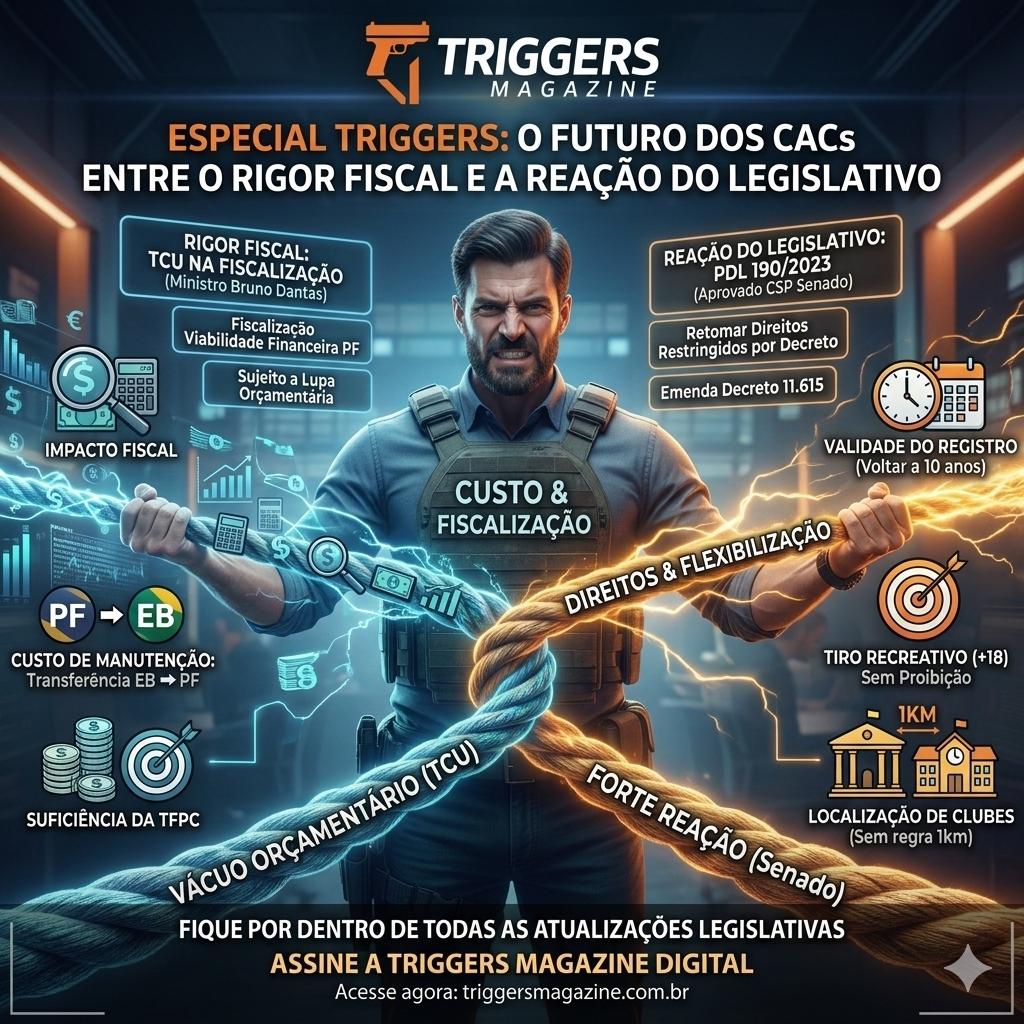 Infográfico da Triggers Magazine resume rigor fiscal e reação legislativa sobre CACs.