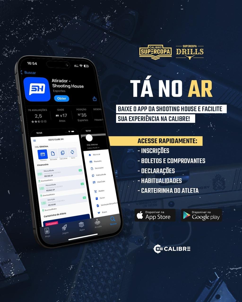 Anúncio apresenta aplicativo da Calibre para gestão de inscrições e resultados.