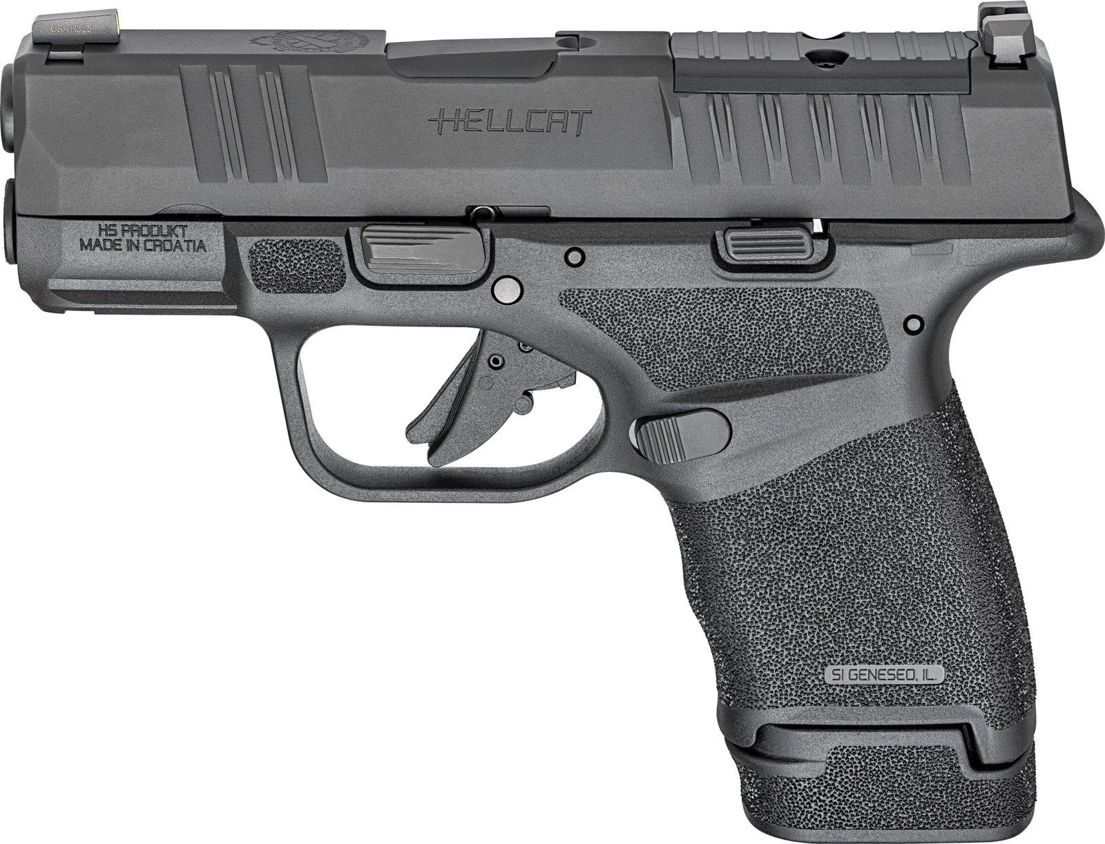 Pistola Springfield Armory Hellcat vista pelo lado esquerdo.
