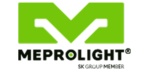 Logotipo verde e preto da Meprolight sobre fundo preto.