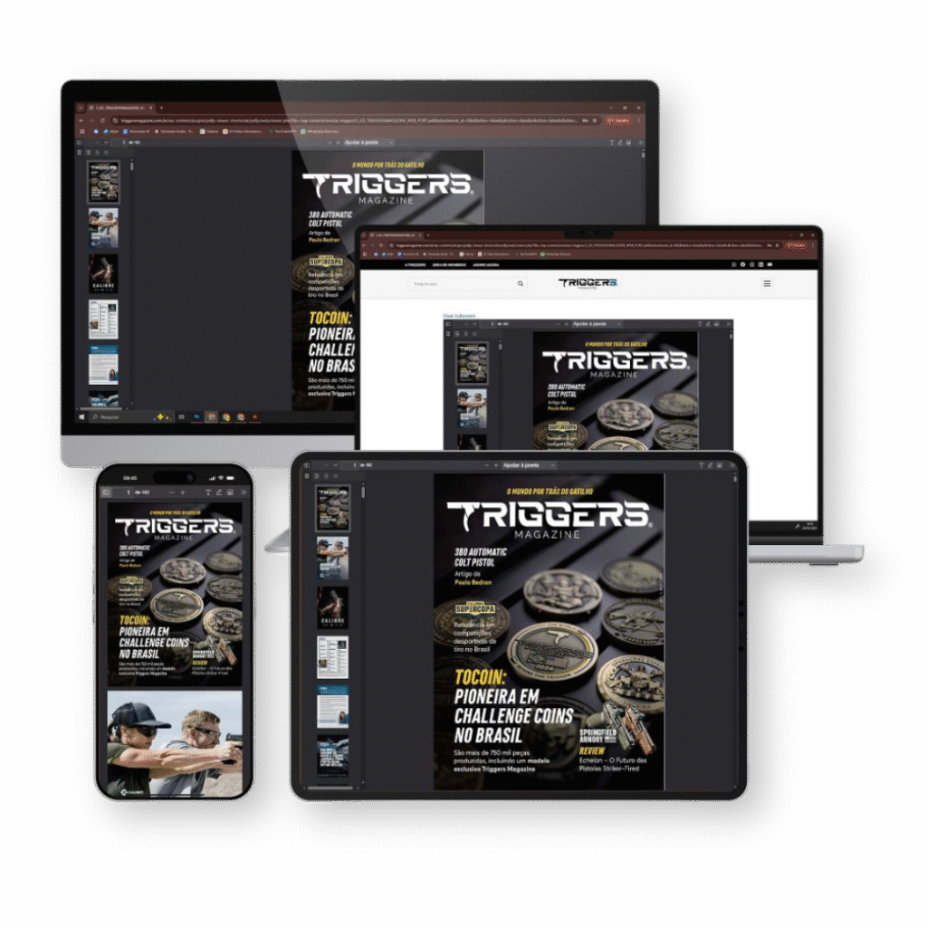 Publicações da Triggers Magazine exibidas em computador, tablet e celulares.
