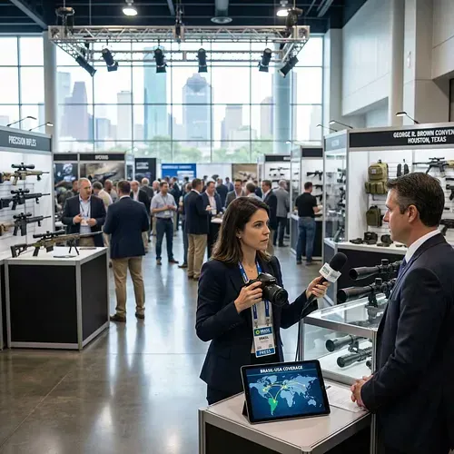 Repórter entrevista expositor entre vitrines de armas no NRA Annual Meetings.