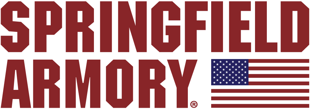 Logotipo vermelho Springfield Armory com bandeira dos Estados Unidos.