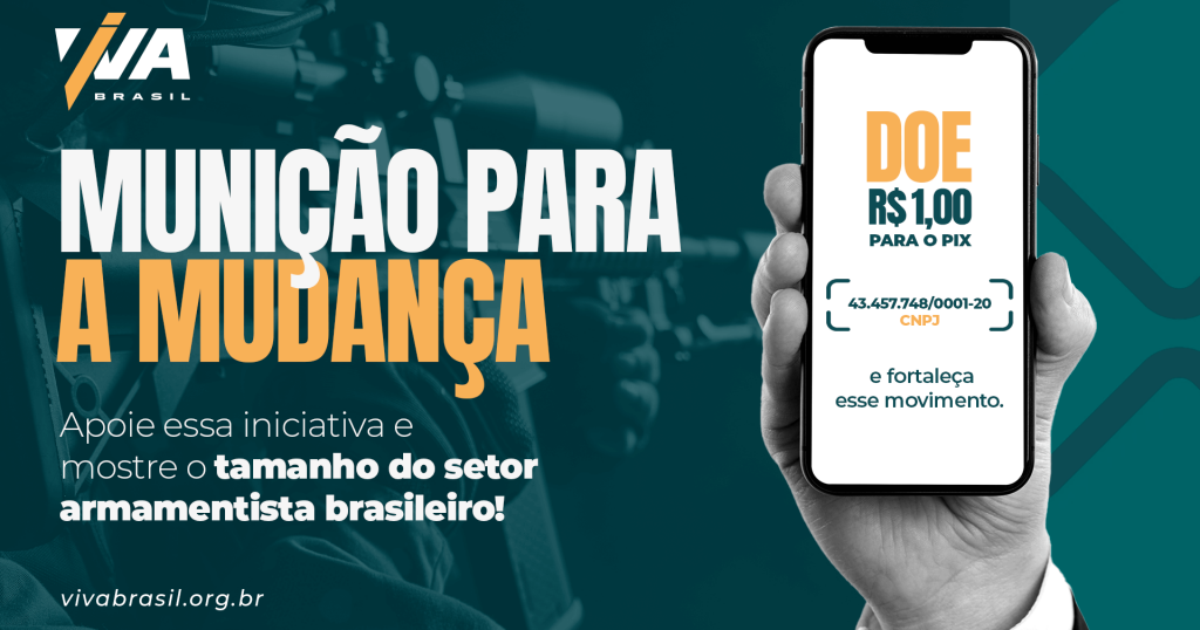 Arte da campanha Munição para a Mudança mostra celular com pedido de doação.