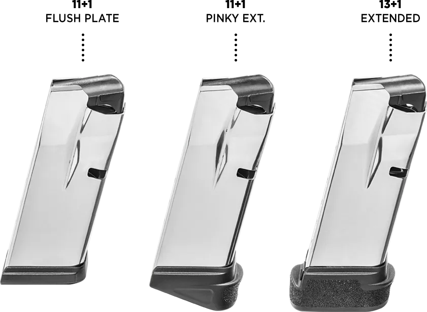 Três carregadores de diferentes capacidades para a pistola Hellcat.