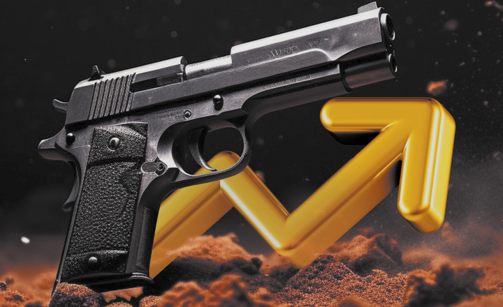 Pistola preta diante de uma seta dourada apontando para cima.