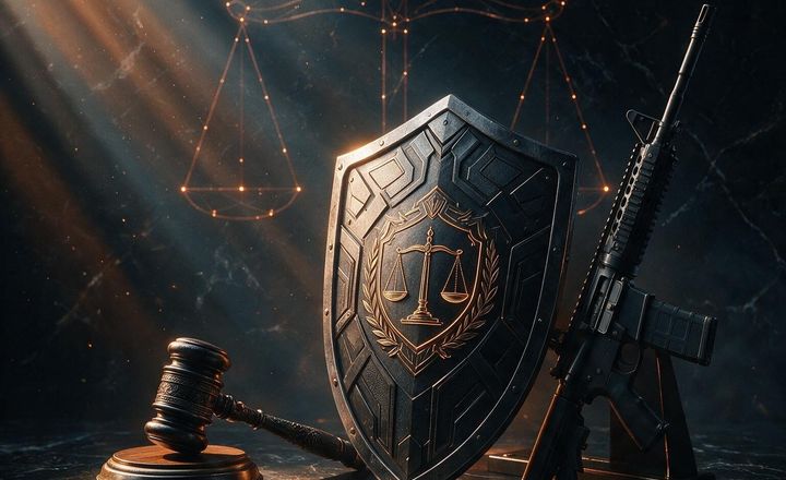 Ilustração de martelo judicial, escudo e fuzil sobre fundo escuro.