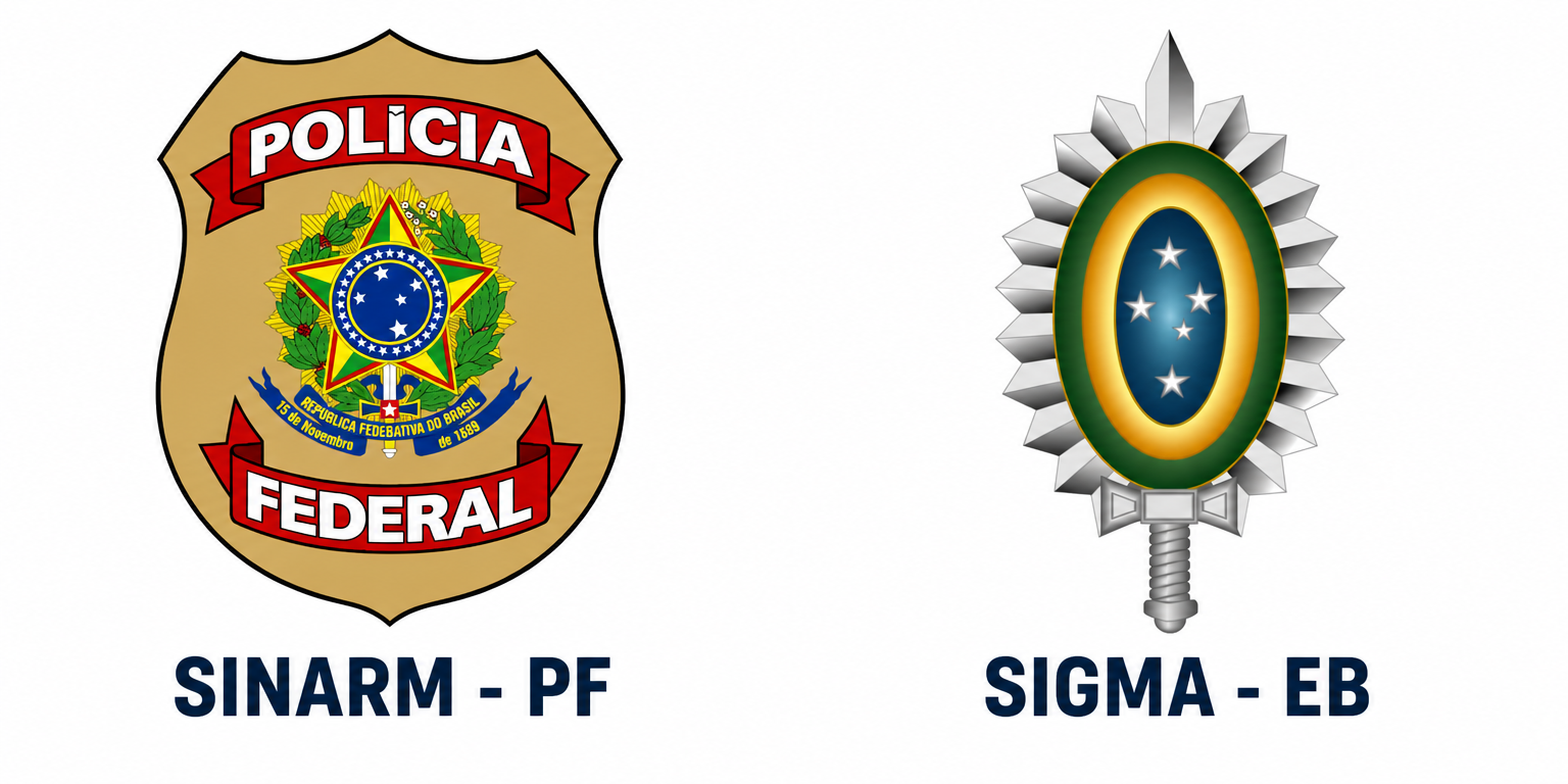 Brasões do Sinarm da Polícia Federal e do Sigma do Exército lado a lado.