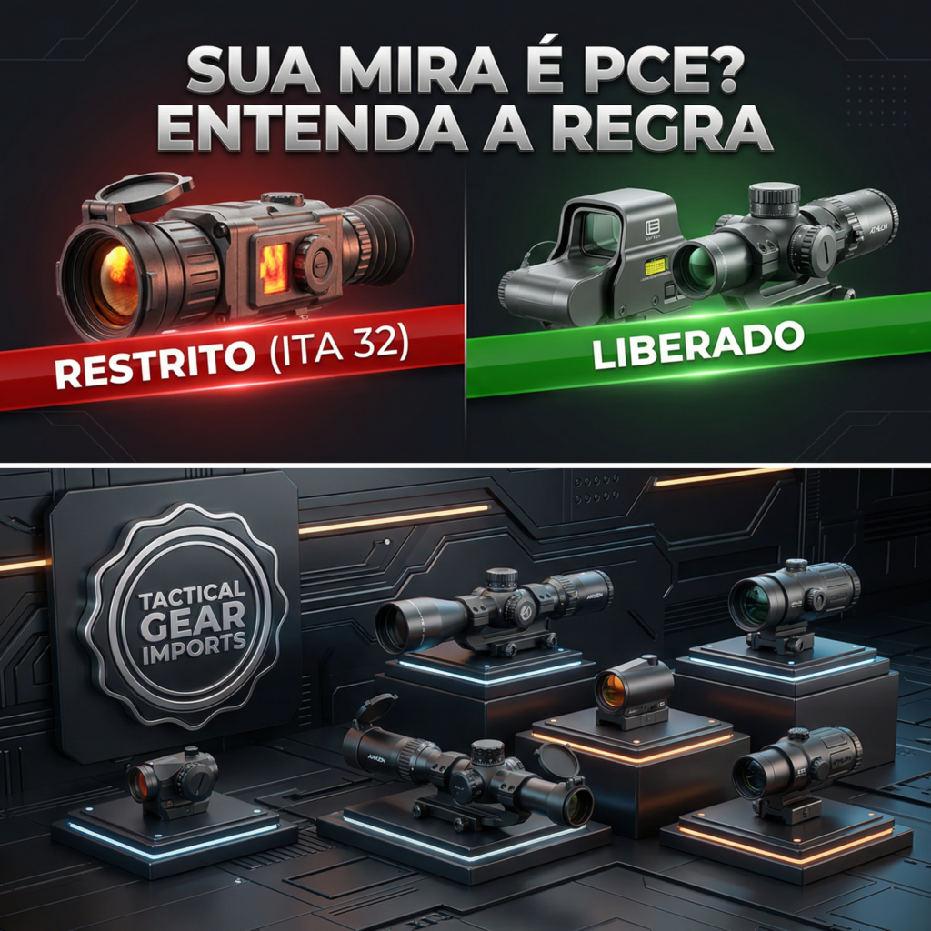 Infográfico compara equipamentos ópticos restritos e liberados e apresenta modelos de mira.