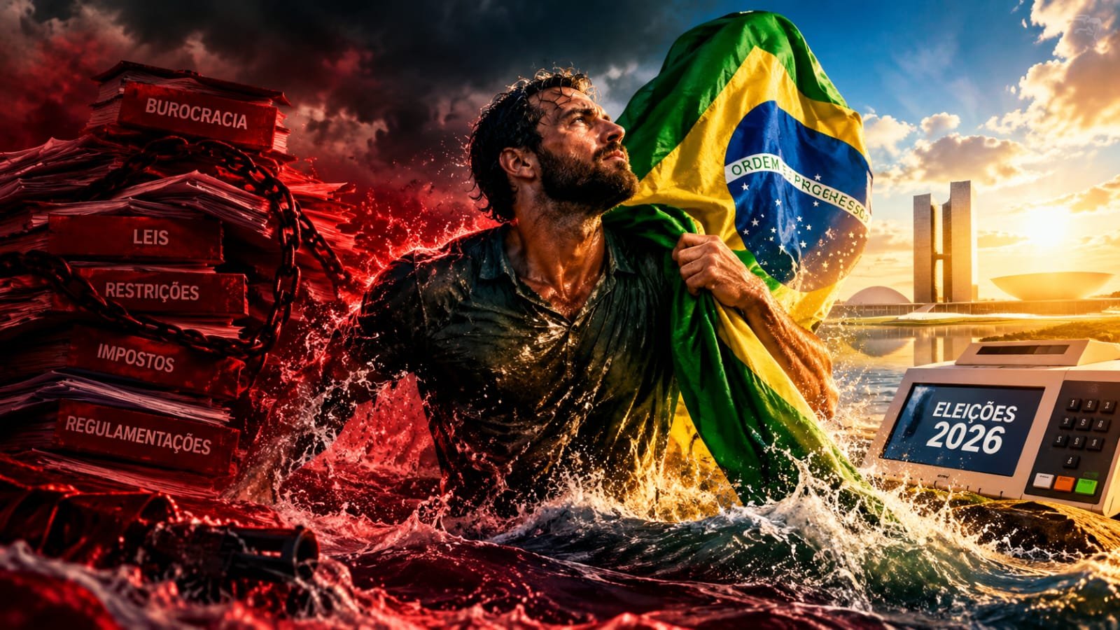 Ilustração de um homem com a bandeira brasileira entre ondas, documentos e uma urna com a inscrição Eleições 2026.