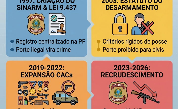 Infográfico mostra a evolução do controle de armas no Brasil de 1997 a 2026.