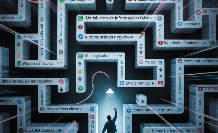 Ilustração de pessoa diante de labirinto formado por telas e mensagens digitais.