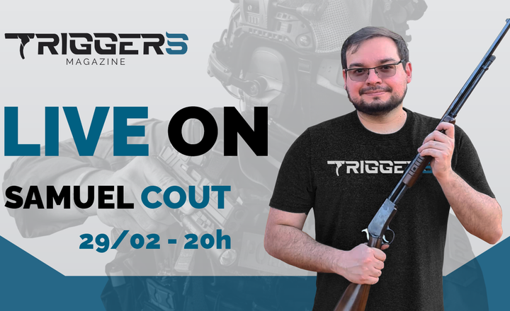Arte de divulgação de live com Samuel Cout segurando uma arma longa.