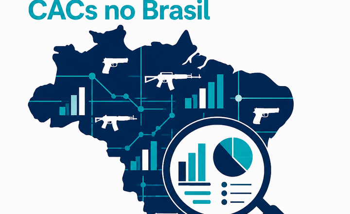 Mapa do Brasil com ícones de armas, gráficos e uma lupa sobre dados estatísticos.