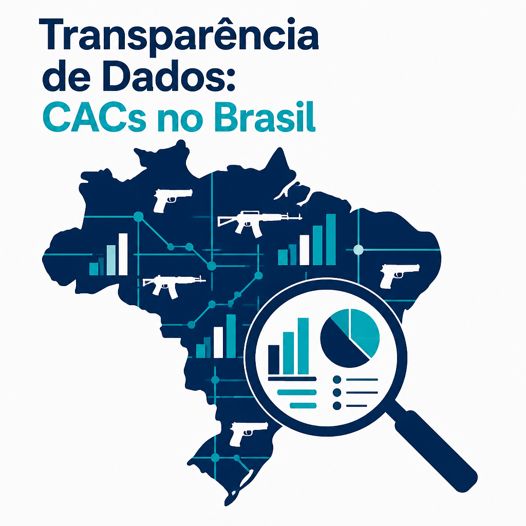 Mapa do Brasil com ícones de armas, gráficos e uma lupa sobre dados estatísticos.