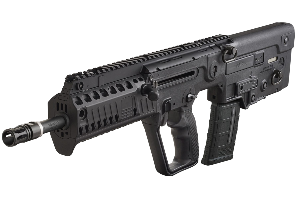 Fuzil bullpup IWI Tavor X95 visto de perfil sobre fundo preto.