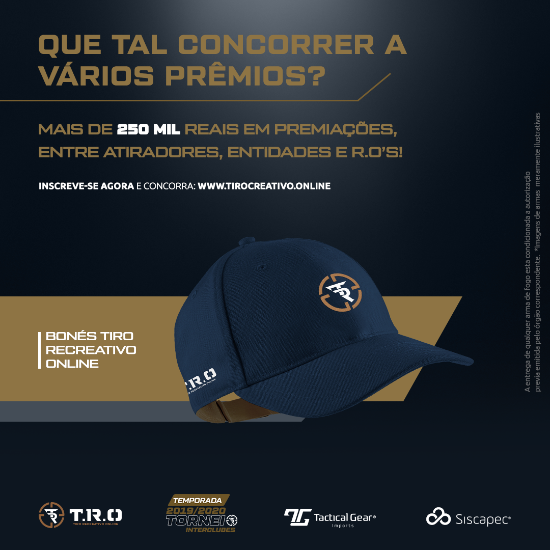 Anúncio de premiação do Tiro Recreativo Online com boné oficial.