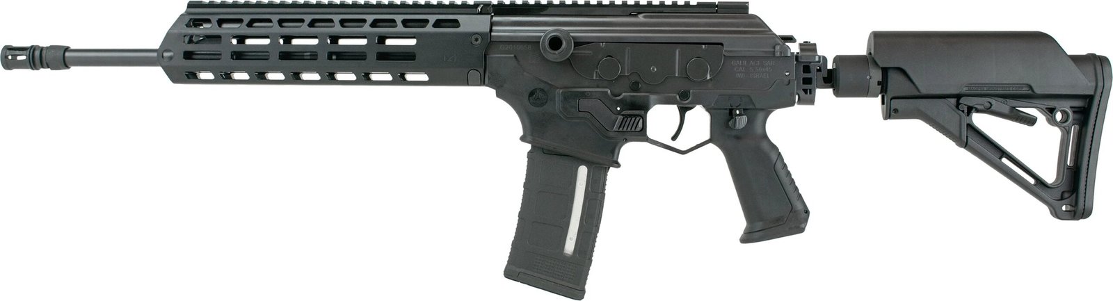 Fuzil IWI Galil ACE Gen 2 visto de perfil sobre fundo branco.