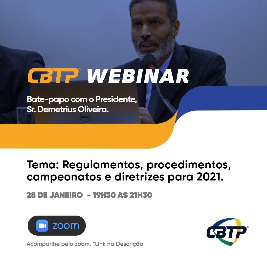 Cartaz de webinar da CBTP sobre regulamentos, procedimentos e campeonatos.