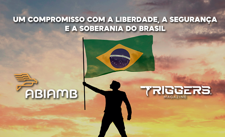 Arte da ABIAMB e Triggers Magazine com bandeira do Brasil ao pôr do sol.