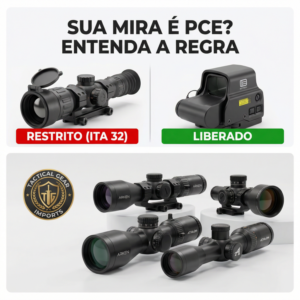Infográfico explica a regra para miras PCE e mostra diferentes modelos ópticos.