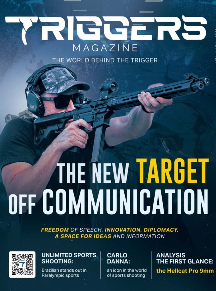 Capa internacional da Triggers Magazine apresenta atirador com arma longa.