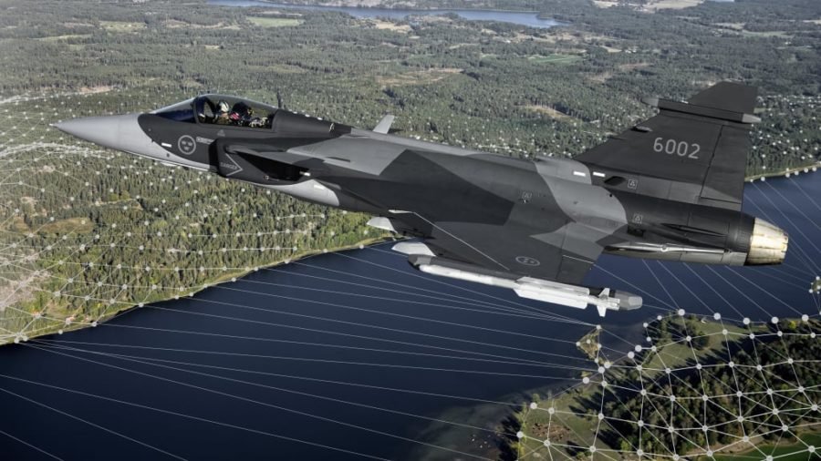 Caça Gripen sobrevoa região costeira em ilustração tecnológica.
