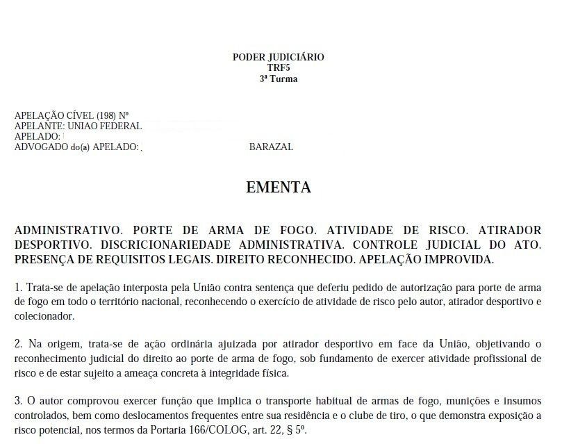 Página de decisão judicial sobre porte de arma para atirador desportivo.