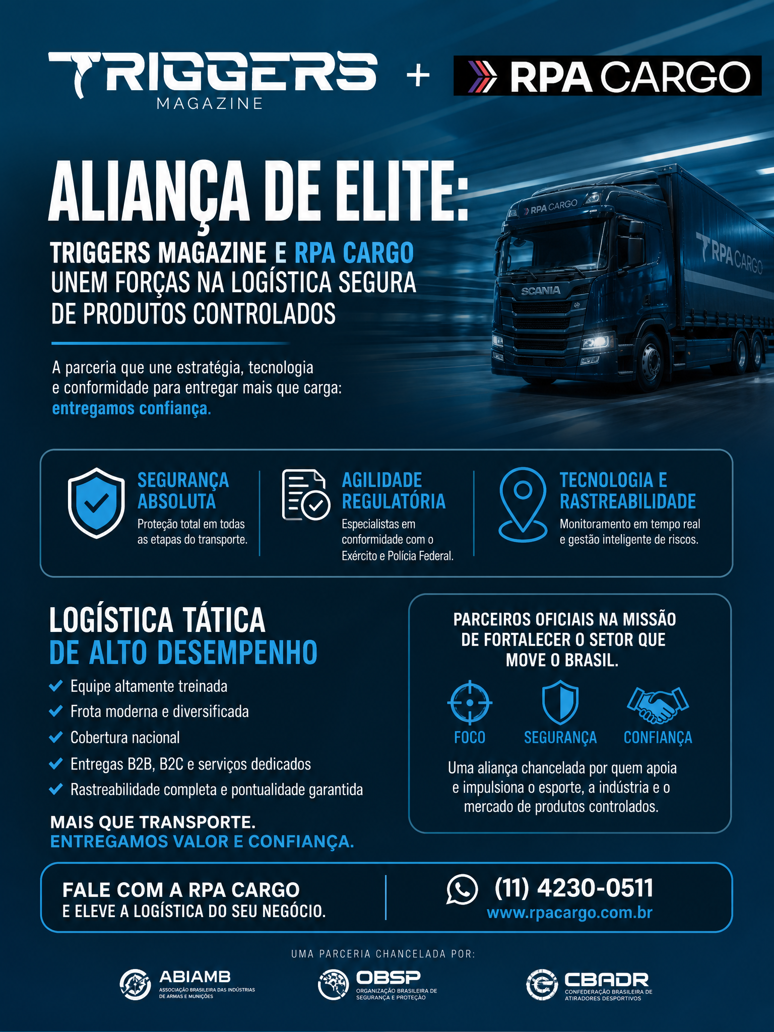 Infográfico apresenta parceria entre Triggers Magazine e RPA Cargo para logística segura.