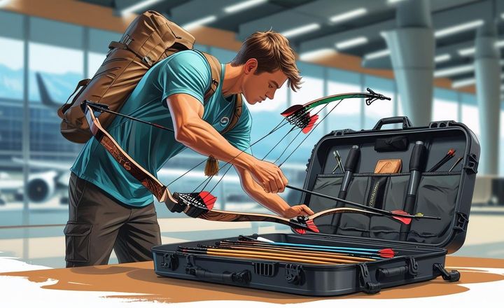 Ilustração de arqueiro organizando arco e flechas em estojo de transporte.
