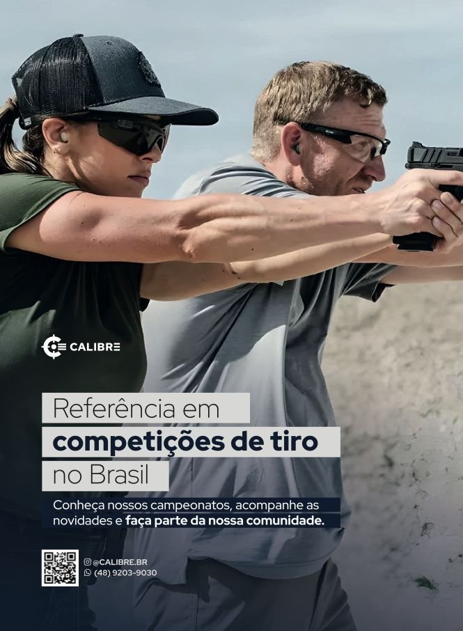 Cartaz da Calibre apresenta atletas como referência em competições de tiro no Brasil.
