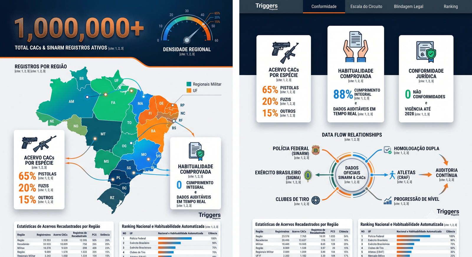 Infográfico reúne dados nacionais sobre registros, habitualidade e distribuição de armas de CACs.