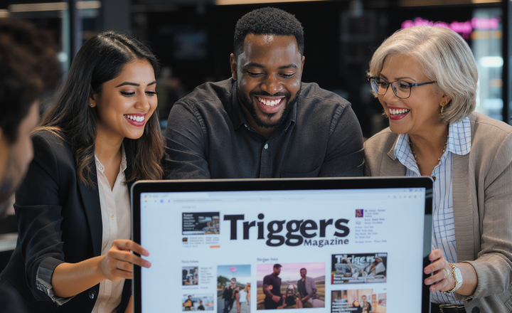 Três pessoas apresentam uma tela com o portal da Triggers Magazine.