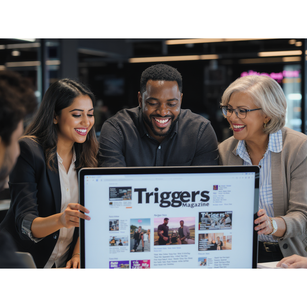 Três pessoas apresentam uma tela com o portal da Triggers Magazine.