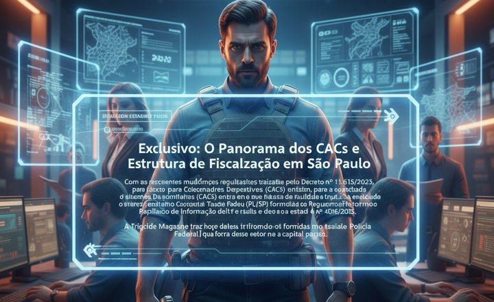 Arte editorial sobre o panorama dos CACs e a fiscalização em São Paulo.