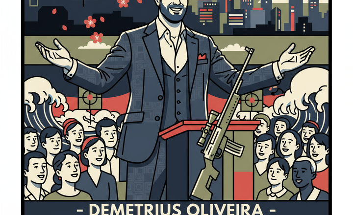 Arte ilustrada apresenta Demetrius Oliveira diante de público e símbolos do tiro.